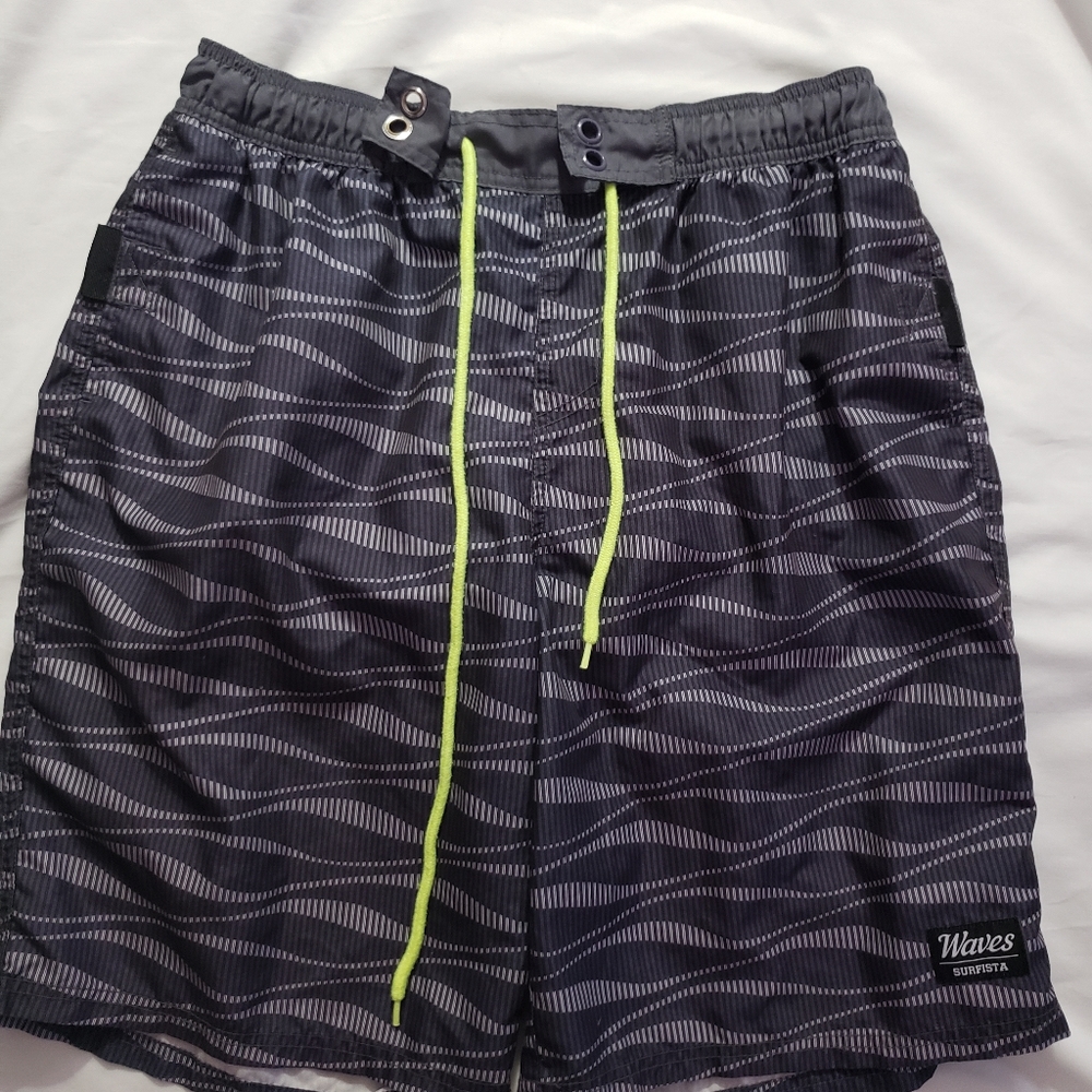 Tesla Waves Surfista Men 2XL Swim Trunks Black Gray Lime Abstract Print Lined.